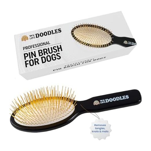 Pet Grooming Detangler Pin Dog Brush For Shedding and Removing Loose Fur, Lightweight Beech Wood with Gold Plated Pins for Long Hair [We Love Doodles]
