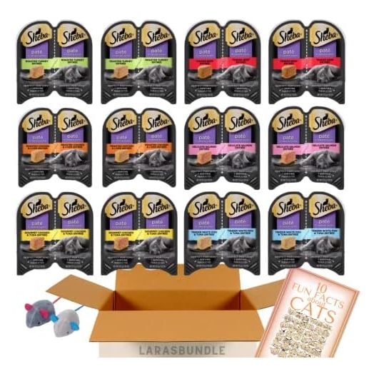 Sheba Cat Food Variety Pack | Sheba Pate Cat Food (24 Servings | 12 Pack | 6 Flavors) Turkey, Beef, Chicken, Liver, Salmon, White Fish, Tuna with LarasBundle Catnip Toys