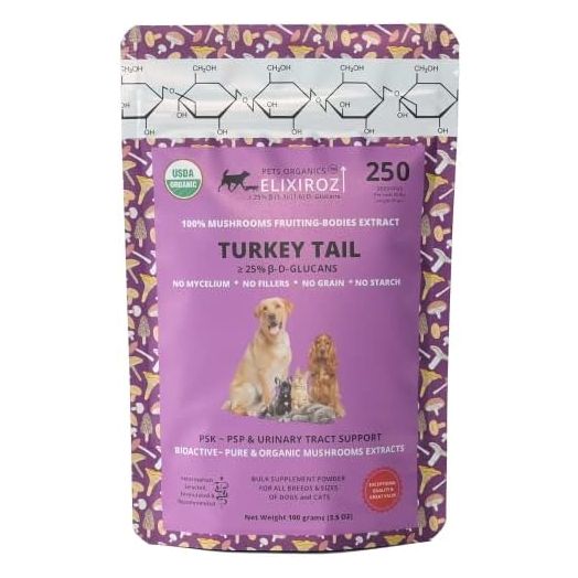 Turkey Tail Pure >25% ß-glucans, 100% Mushrooms Fruiting Bodies, 8-12:1 Extract for Dogs & Cats PSK and PSP Levels, Immune System & Urinary Tract Health. Bulk 250 Servings for 25lb pet