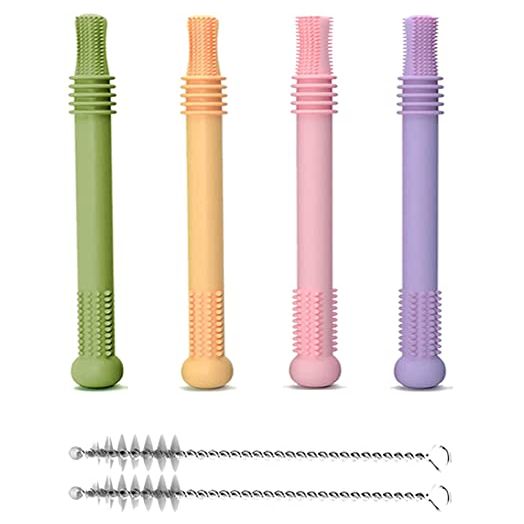 BABYSKIT Flexible Hollow Teething Tubes for Infants - Easy to Hold and Clean Teething Straws for Babies, Safe Hallowed Teething Tube for Babies Quality Teething Tubes for Babies 6-12 Months (4 Tubes)