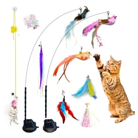 Felicity Suction Cup Cat Toy, 2 in 1 Interactive Bird Toy for Cats - 2 Strong Suction Cups, 9 Cat Feather Toys, 2 Durable Cat Wands, 1 Hanging Cat Toy - Interactive Cats Toys for Indoor Cats