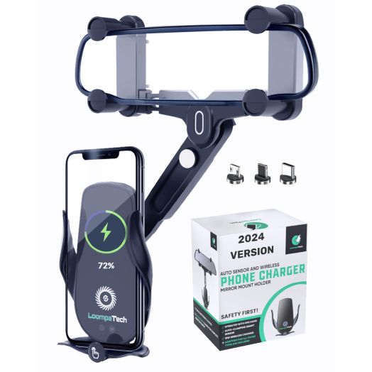 2in1 Rear View Mirror Phone Holder + Wireless Car Charger 360 Rearview Mirror Phone Mount w/Automatic Clamping and Release, Rotatable & Retractable 15W Fast Wireless Charger for Car