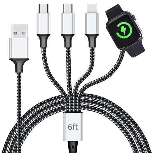 Multi Charging Cable for Apple Watch, Magnetic Wireless Charger, 4 in 1 Nylon Braided Cord for Multiple Devices, USB C/Micro Port/Compatible with iWatch Series 9-1/iPhone/Galaxy and Android-6FT