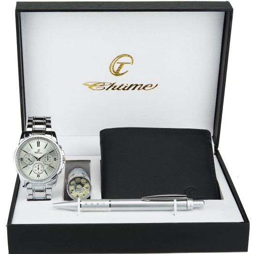 Gift Set Men's Watch Silver- LED Lamp LED - Wallet -Pen