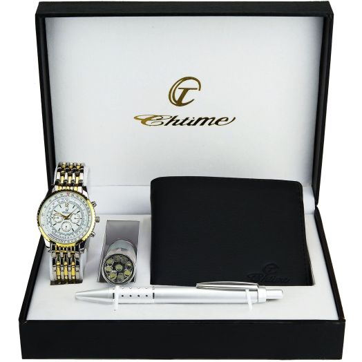 Michael John Gift Set Men's Watch Silver Gold- LED Lamp - Wallet -Pen