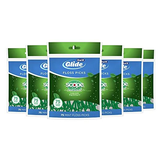 Oral B Glide Dental Floss Picks, Complete With Scope Outlast, Mint, 75 Count (Pack of 6)