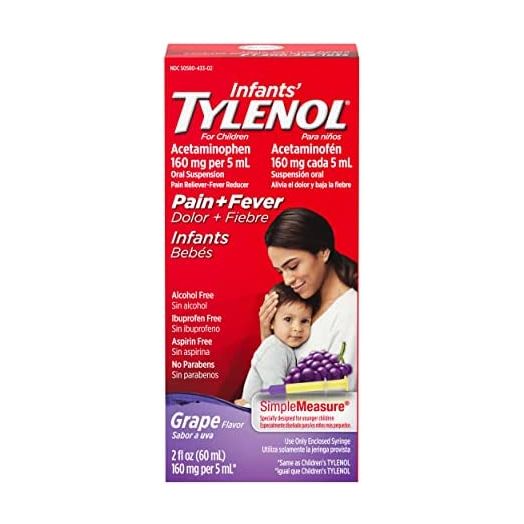 Infants' Tylenol Oral Suspension Liquid Medicine with Acetaminophen, Baby Fever Reducer & Pain Reliever for Minor Aches & Pains, Sore Throat, Headache & Toothache, Grape Flavor, 2 fl. oz