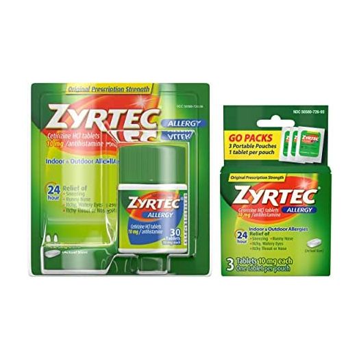 Zyrtec 24 Hour Allergy Relief Tablets, Indoor & Outdoor Allergy Medicine with 10 mg Cetirizine HCl per Antihistamine Tablet, Bundle with 1 x 30 ct and 3 x 1 ct Travel Packs