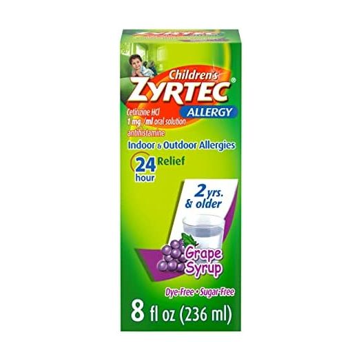 Zyrtec 24 Hour Children's Allergy Syrup with Cetirizine HCl, Antihistamine Allergy Medicine for Indoor & Outdoor Allergy Relief for Kids, Dye-Free & Sugar-Free, Grape Flavor, 8 fl. oz