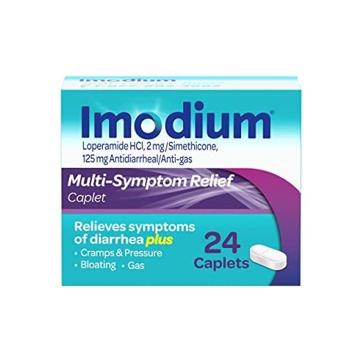 Imodium Multi-Symptom Relief Caplets with Loperamide Hydrochloride and Simethicone, Anti-Diarrheal Medicine for Treatment of Diarrhea, Gas, Bloating, Cramps & Pressure, 24 ct.