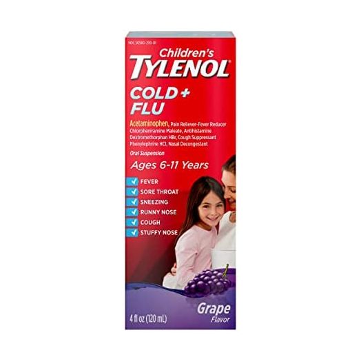Children's Tylenol Cold & Flu Liquid Oral Suspension Medicine, Grape, 4 fl. oz
