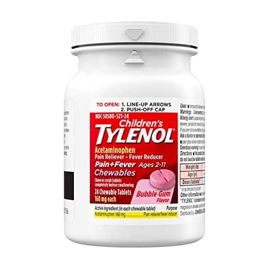 Tylenol Children's Chewables, Acetaminophen for Pain & Fever Relief, Bubble Gum, 24 ct