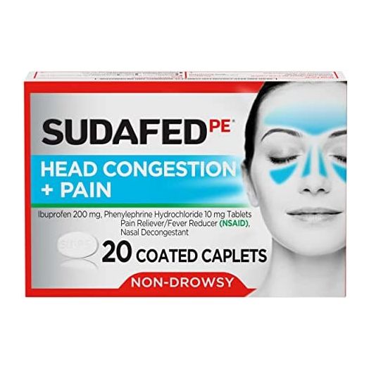 Sudafed PE Non-Drowsy Head Congestion + Pain Relief Caplets with Ibuprofen 200 mg & Phenylephrine HCl 10 mg, Nasal Decongestant & NSAID Pain Reliever & Fever Reducer, 20 ct