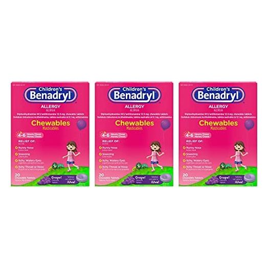 Children's Benadryl Allergy Chewables with Diphenhydramine HCl, Antihistamine Chewable Tablets in Grape Flavor, Three Pack, 3 x 20 ct Each, 60 ct