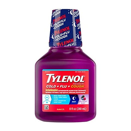 Tylenol Cold + Flu + Cough Night Liquid Medicine with Acetaminophen, Wild Berry, Grabe, 8 Fl Oz