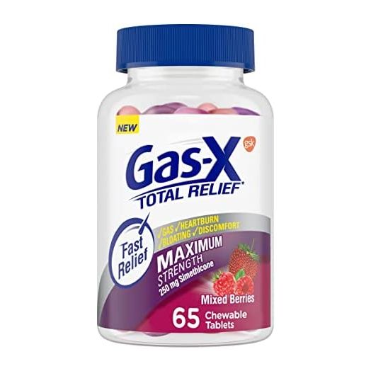 Gas-X Total Relief Chewable Tablets with Maximum Strength Gas Relief Simethicone 250 mg and Heartburn Relief Calcium Carbonate 750 mg, Mixed Berries - 65 Count
