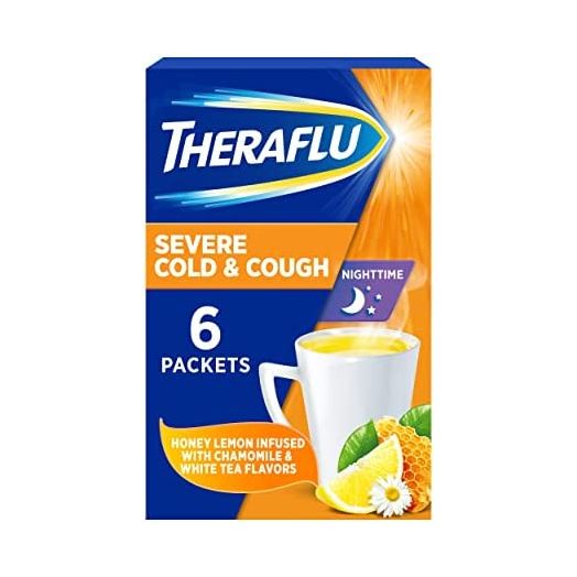 Theraflu Nighttime Severe Cold and Cough Hot Liquid Powder Honey Lemon Infused with Chamomile and White Tea Flavors 6 Count Box