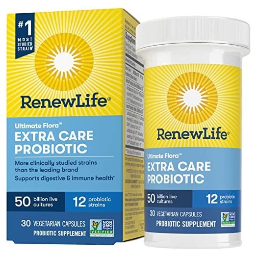 Renew Life Adult Probiotics 50 Billion CFU Guaranteed, 12 Strains, For Men & Women, Shelf Stable, Gluten Dairy & Soy Free, 30 Capsules, Ultimate Flora Extra Care- 60 Day Money Back Guarantee
