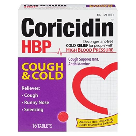 Coricidin HBP Antihistamine Cough & Cold Suppressant Tablets for People with High Blood Pressure, 16-Count Boxes (Pack of 3)