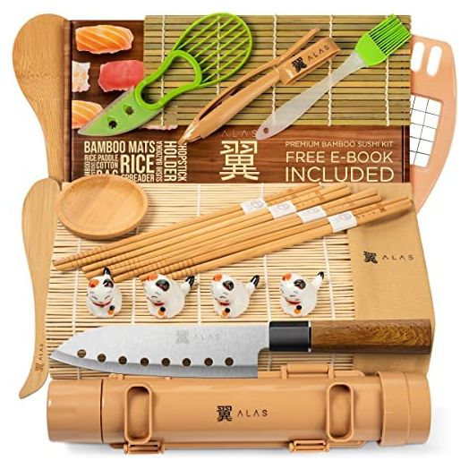 Alas Sushi Making Kit- Complete Sushi Making Kit for Beginners & Pros Sushi Makers, Perfect Sushi Making Kitchen Accessories Like Sushi Knife, 2 Sushi Mats, Rice Bazooka, Dipping Plate, & More