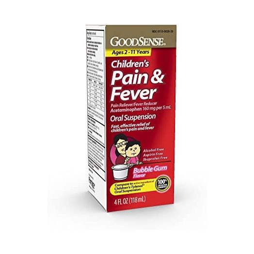 GoodSense Children's Pain Reliever Oral Suspension Liquid, Bubble Gum Flavor, Acetaminophen 160 mg per 5 mL, Effective, Safe Pain Reliever/Fever Reducer for Children Age 2-11 Years, 4 Ounces