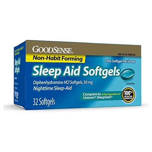 GoodSense Nighttime Sleep-Aid Softgels, Diphenhydramine HCl 50 mg, Relieves Occasional Sleeplessness, 32 Count
