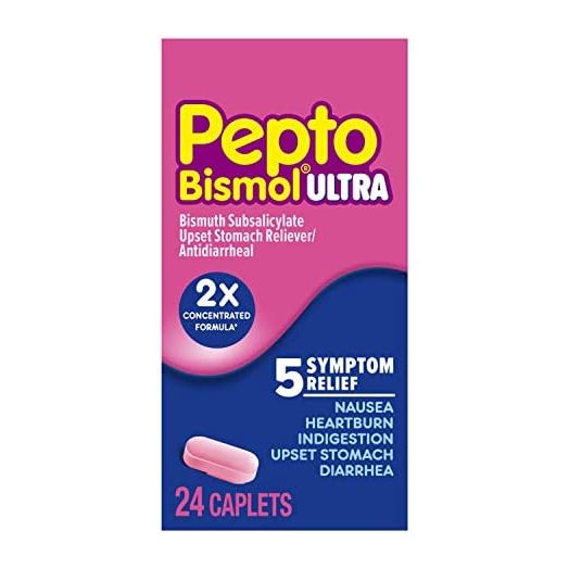 Pepto Bismol Ultra Caplets, 2X Concentrated Formula*, Upset Stomach Relief, Bismuth Subsalicylate, Multi-Symptom Relief of Gas, Nausea, Heartburn, Indigestion, Upset Stomach, Diarrhea, 24 Caplets