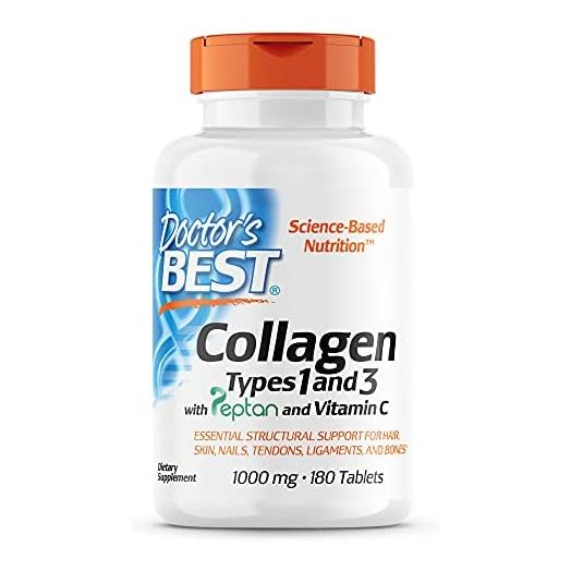 Doctor's Best Collagen Types 1 and 3 with Peptan, Non-GMO, Gluten Free, Soy Free, Supports Hair, Skin, Nails, Tendons and Bones, 1000 mg, 180 Tablets