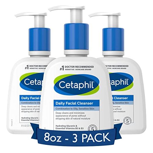 Face Wash by CETAPHIL, Daily Facial Cleanser for Sensitive, Combination to Oily Skin, NEW 8 oz 3 Pack, Gentle Foaming, Soap Free, Hypoallergenic