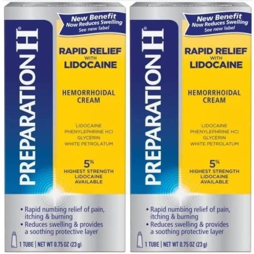 Preparation H Rapid Relief Hemorrhoid Cream with Lidocaine, Numbing Relief for Swelling, Pain, Burning and Itching - 0.75 Oz Tube Pack of 2 = 1.5 Oz