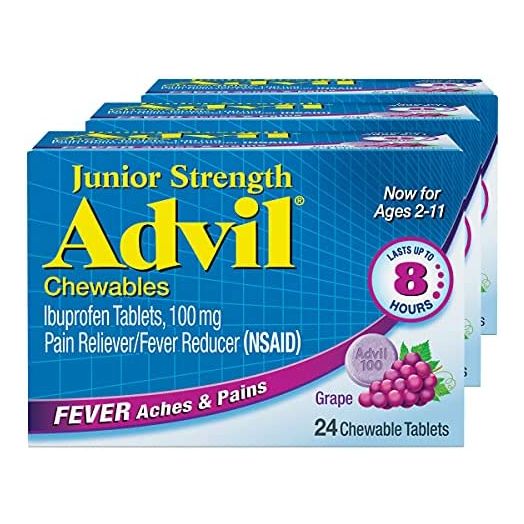 Advil Junior Strength Chewable Ibuprofen Pain Reliever and Fever Reducer, Children's Ibuprofen for Pain Relief, Grape - 24 Tablets (Pack of 3)