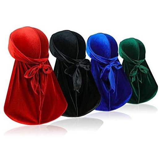 4 Pieces Men Velvet Durag with Long Tail Silky Durag Headwraps for 360 Waves