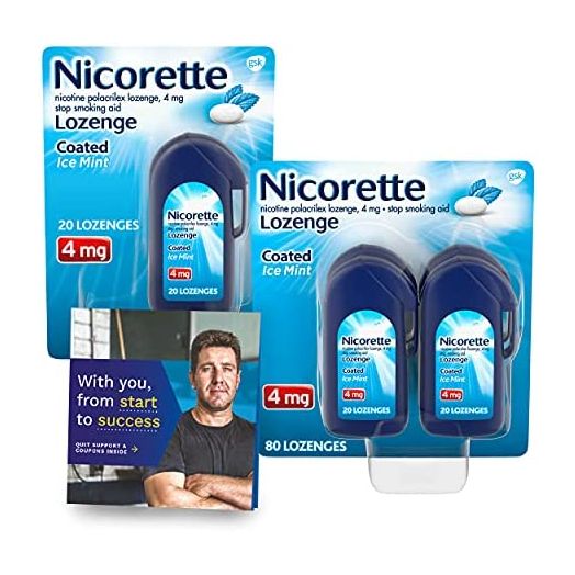 Nicorette 4mg Coated Nicotine Lozenges to Help Quit Smoking with Behavioral Support Program - Ice Mint Flavored Stop Smoking Aid, 100 Count