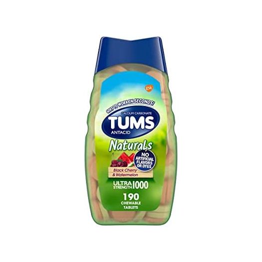 TUMS Naturals Ultra Strength Antacid Chews for Heartburn Relief, Black Cherry & Watermelon - 190 Count