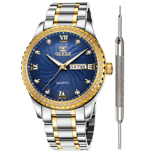 OLEVS Blue Dial Diamond Luxury Watches for Men Waterproof Mens Diamond Classic Fashion Casual Watch Inexpensive Calendar Analog Quartz Watch Stainless Steel Wrist Watch for Men