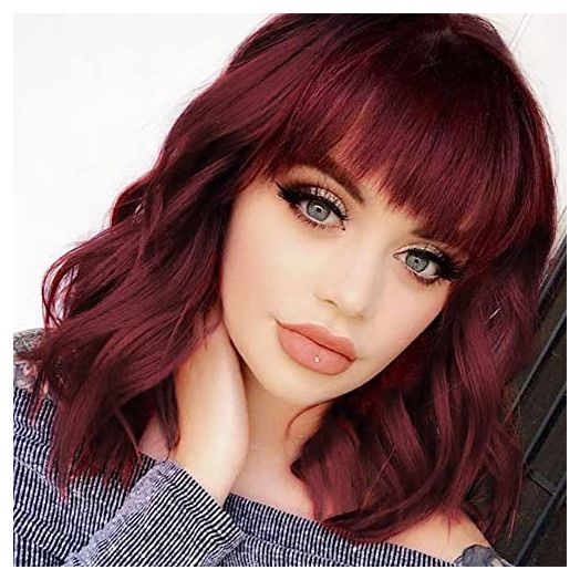 Nnzes Bob Curly Wig Synthetic Short Wine Red Wig with Bangs Natural Looking Heat Resistant Fiber Hair for Women