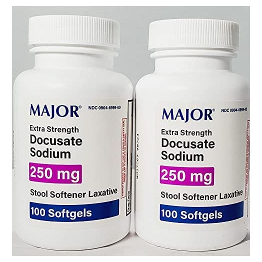 2 Pack Docusate Sodium 250mg Major Stool Softener Laxative Softgels.