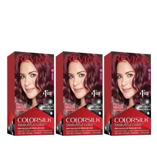 Revlon Colorsilk Beautiful Color Permanent Hair Dye, Dark Brown, At-Home Full Coverage Application Kit, 48 Burgundy, 3 Pack