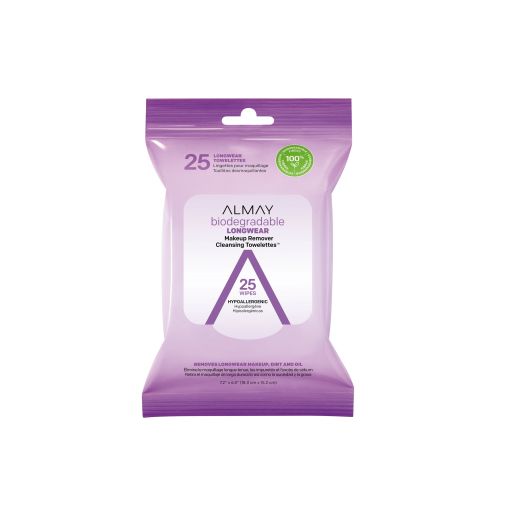 Almay Biodegradable Longwear Makeup Remover Cleansing Towelettes, Hypoallergenic, Cruelty Free, Fragrance free, Dermatologist Tested, 25 Makeup Remover Wipes, 4.324 oz