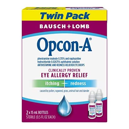 Opcon-A Allergy Eye Drops by Bausch & Lomb, for Itch & Redness Relief, 15 mL (Pack of 2), Packaging May Vary