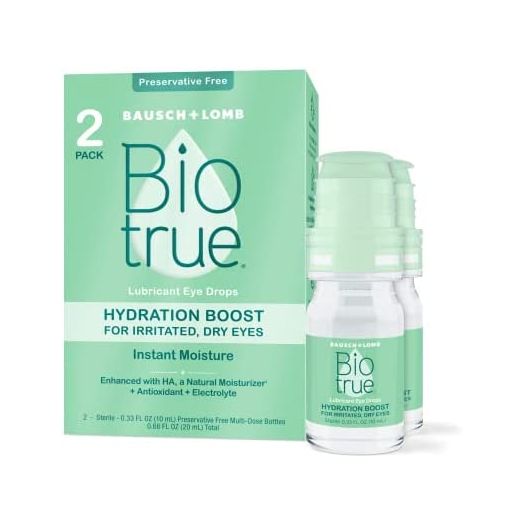 Biotrue® Hydration Boost Eye Drops for Irritated and Dry Eyes from Bausch + Lomb, Preservative Free, Naturally Inspired, Soft Contact Lens Friendly, 0.33 FL OZ (10 mL), Pack of 2