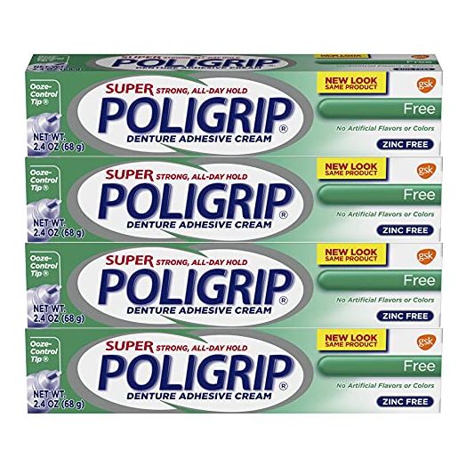 Super Poligrip Zinc Free Denture and Partials Adhesive Cream, 2.4 ounce (Pack of 4)