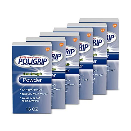 Super Poligrip Extra Strength Denture Adhesive Powder, Denture Powder for Dentures - 1.6 Ounces (Pack of 6) | Super Poli-Grip
