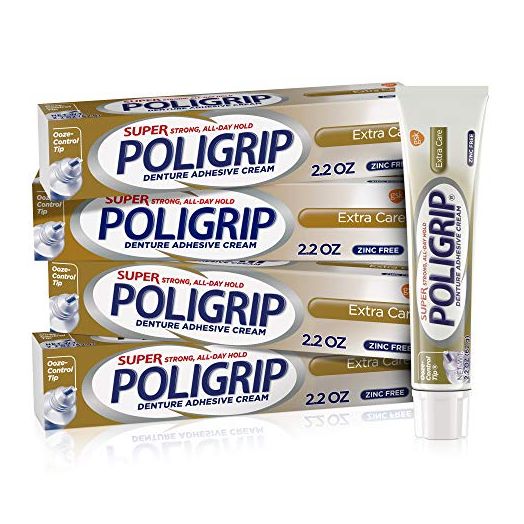 Super Poligrip Extra Care Denture Adhesive Cream, Zinc Free Denture Cream - 2.2 Ounces (Pack of 4)
