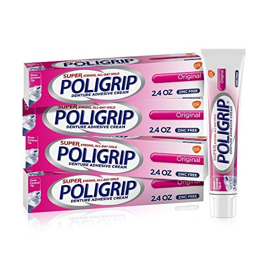 Super Poligrip Original Denture Adhesive Cream, Zinc Free Denture Cream for Dentures, 2.4 Ounces (Pack of 4)