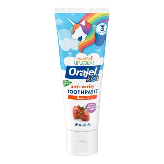 Orajel Kids Mermaid and Magical Unicorns Anti-Cavity Fluoride Toothpaste, Natural Very Berry Strawberry Flavor, 4.2oz Tube