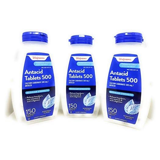Walgreens Regular Strength Antacid/Calcium Supplement Chewable Tablets, Peppermint, 500 mg, 150 Tablets (Pack of 3 Bottles)