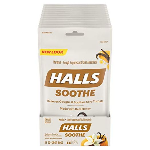 HALLS Soothe Honey Vanilla Cough Drops, 12 Bags of 30 Drops (360 Total Drops)