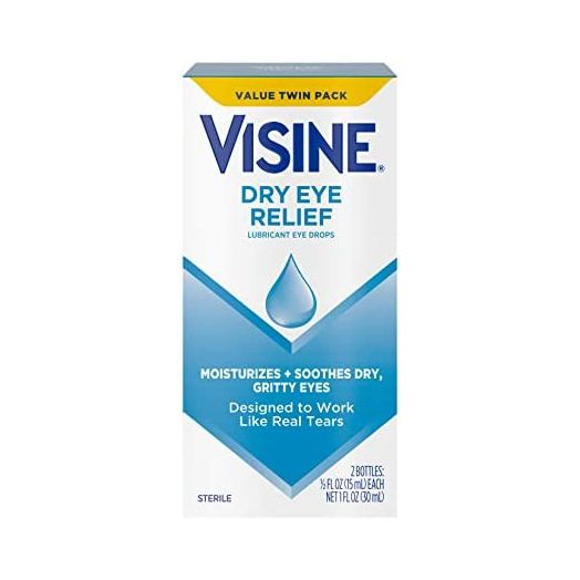 Visine Dry Eye Relief Lubricant Eye Drops to Moisturize and Soothe Irritated, Gritty and Dry Eyes, Designed to Work Like Real Tears, Polyethylene Glycol 400, Twin Pack, 2 x 0.5 fl. oz