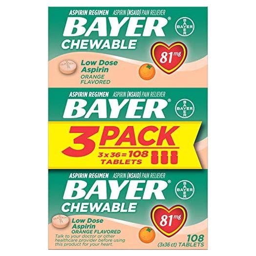 Aspirin Regimen Bayer 81mg Chewable Tablets | #1 Doctor Recommended Aspirin Brand | Pain Reliever | Orange Flavor | 108 Count (36 Count (Pack of 3))